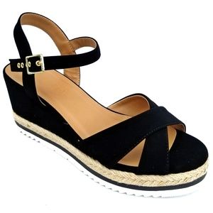 Black Espadrille Wedge Sandals with Ankle Strap
